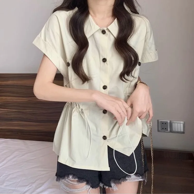 Fashion Safari Style 2024 Summer New Shirts Women\'s Solid Waist Retraction Drawstring Pockets Button Short Sleeve Casual Blouses