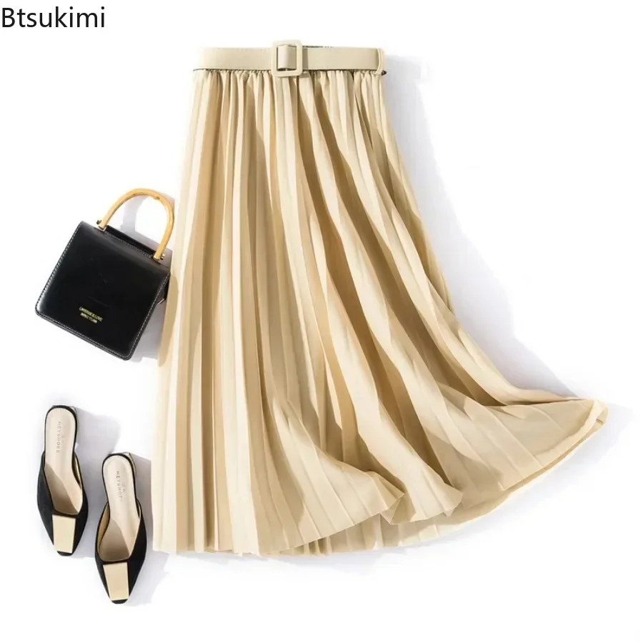 2026 Women's High Waist Pleated Midi Skirts with Belted Spring Summer Elegant Solid Umbrella A-Line Skirts Ladies Korean Skirts