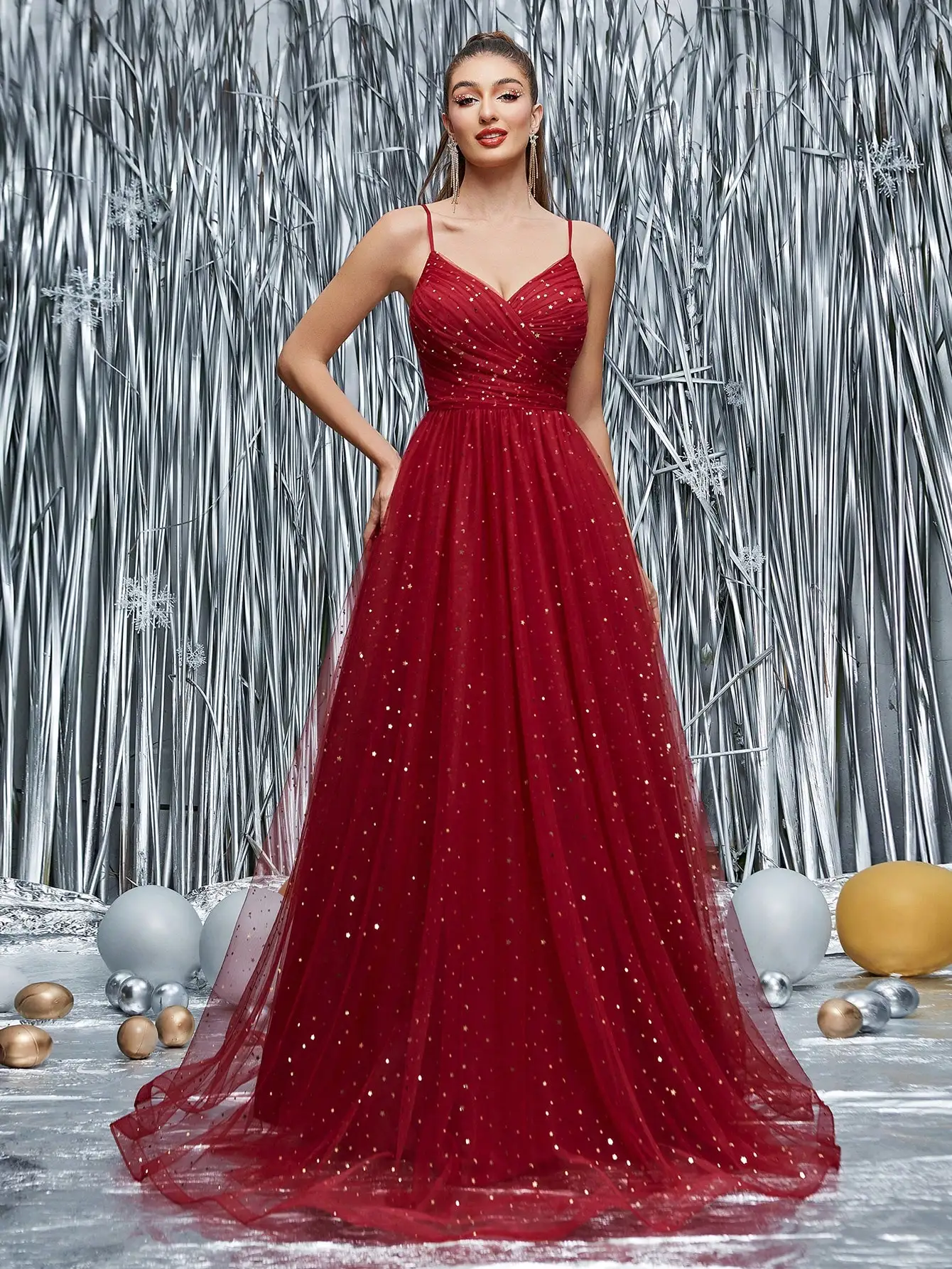 Mgiacy Neuankömmling V-Ausschnitt Tank romantisches Brautjungfernkleid gerafftes Pailletten-Mesh-langes Kleid