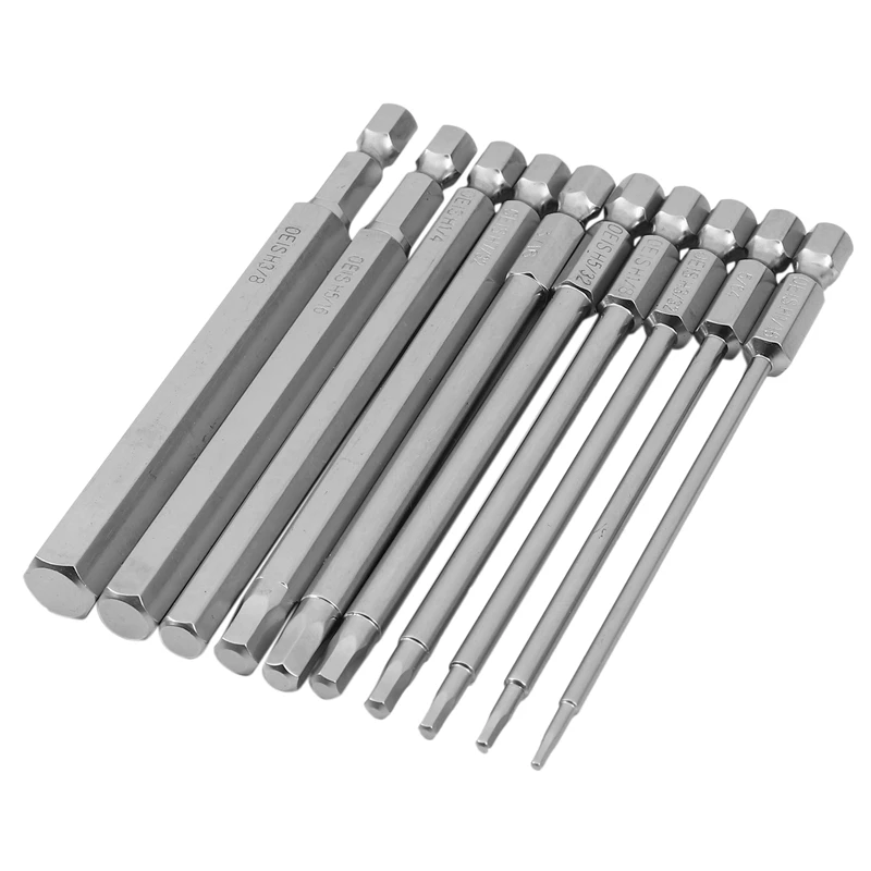 PWS 10Pcs S2 Steel Inch Magnetic Hexagon 100Mm Hex Driver Bit Set Manual Tool Screwdriver Bit