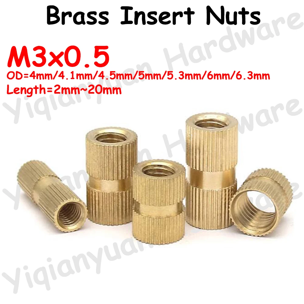 Yiqianyuan Brass Insert Nuts M3x0.5 Hot Melt Knurled Injection Molding Copper Inserts Nuts Through Hole Embedded Nutsert