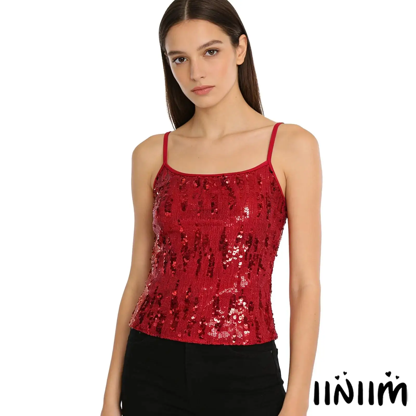 

Ladies Glittery Camisole Tops Allover Sequin Adjustable Spaghetti Straps Crop Tank Top Stylish Vest Elegant Women Party Clubwear