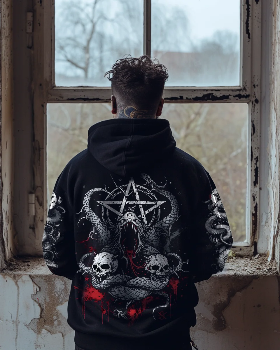 Men's Hoodie Death Metal Snake Pentagram Skull Print Blood Splash Mystery Pattern Punk Street Wear Men's Top