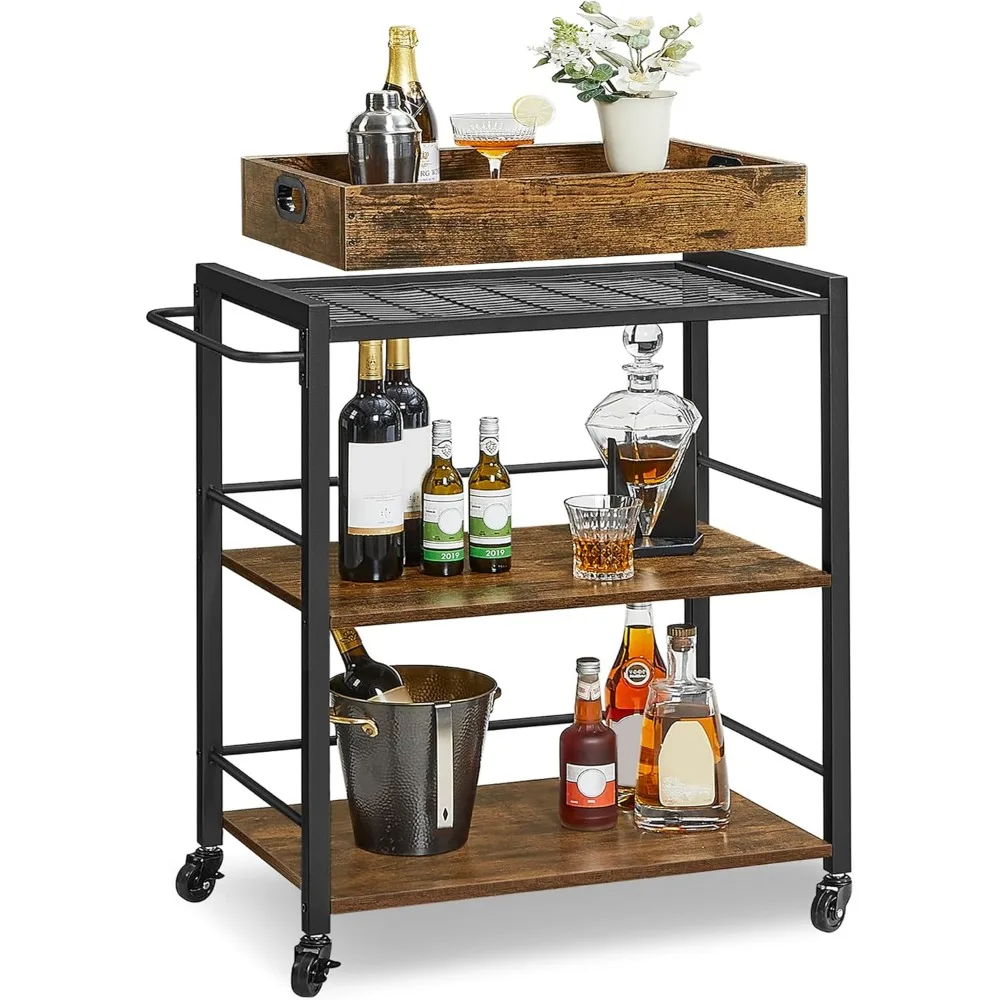 

Kitchen Serving Cart with Removable Tray, 3-Tier Kitchen Utility Cart on Wheels with Storage, with Brakes, Leveling Feet