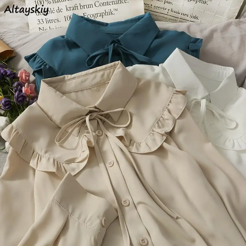 Damskie słodkie koszule śliczne topy kołnierz piotruś Pan S-3XL luźna moda Temper minimalistyczna Lolita francuskie eleganckie ubrania modne 5-kolorowe