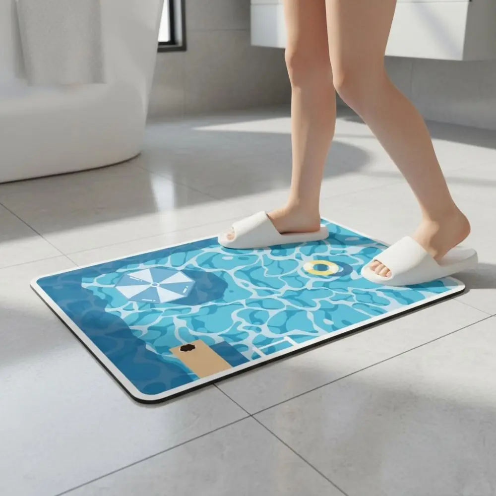 Diatomaceous Earth Cartoon Pool Pattern Bathmat Water-absorbing Anti-slip Floor Mat Scratch Resistant Rectangular Carpet