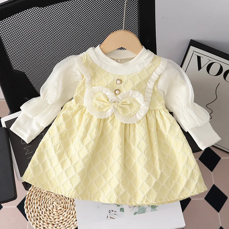 Spring Autumn Newborn Baby Long Sleeve Dress Cute Yellow Bow Princess Dress for Girl Birthday Patry Dress