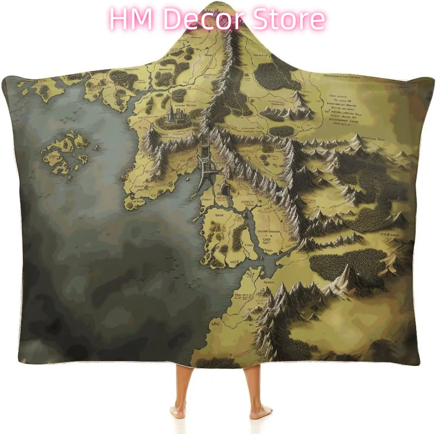 Middle Earth Map Wearable Hooded Blanket, Ultra Soft Arctic Velvet Cape Cloak Unisex - Cozy Wearable Blanket
