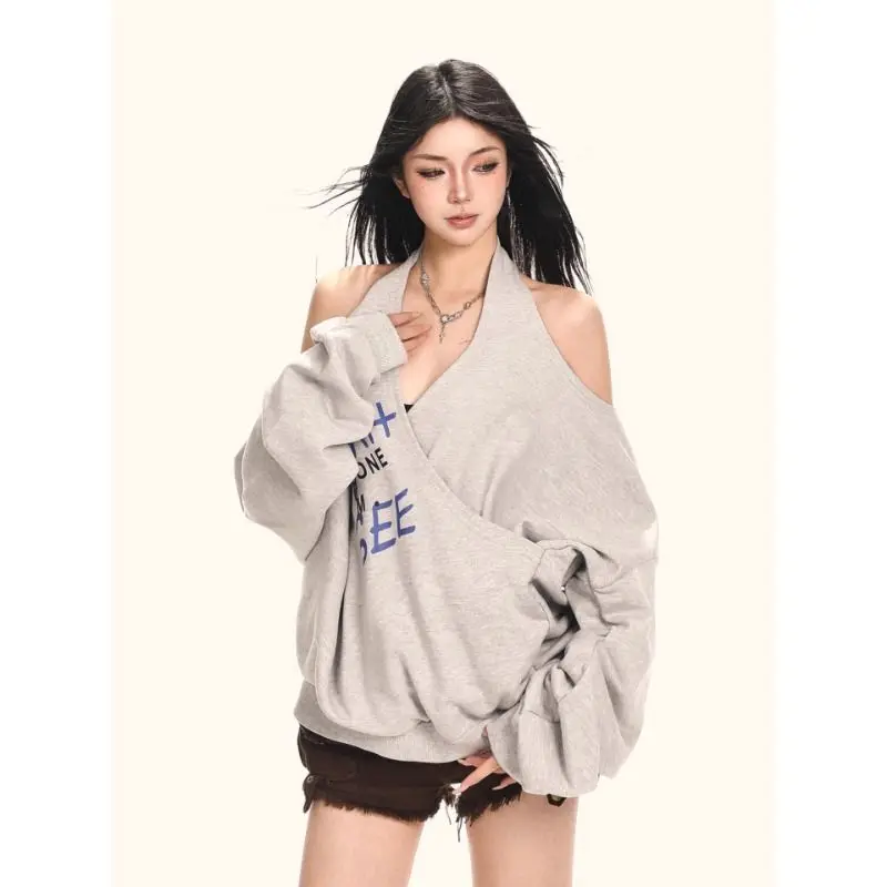Spicy Girl Letter Printed Halter Off Shoulder Sweatshirts Autumn Irregular Casual Versatile Tops Y2k Loose Streetwear