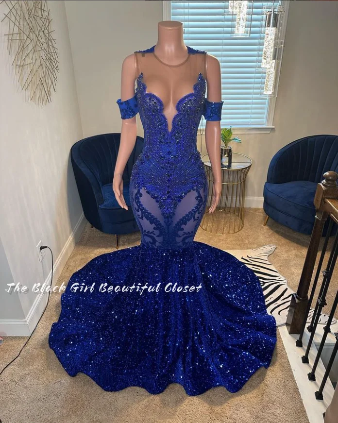 Dark Blue Exquisite Evening Black Girls O Neck Beaded Sequins Applique Decoration Party Dress 2024 Card Shoulder Mermaid Gowns