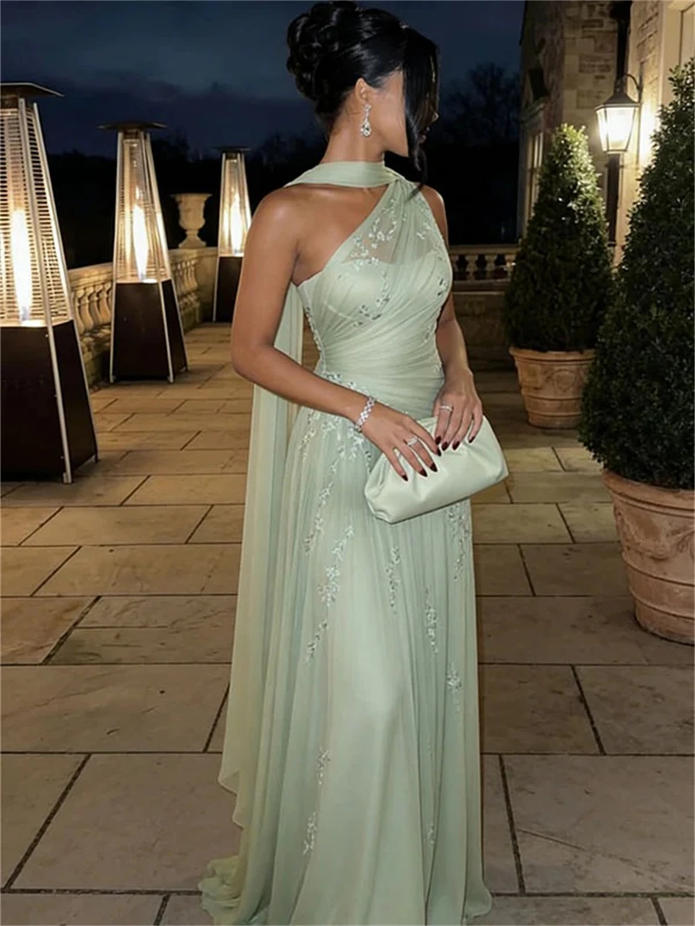 EGS Customized A-line Light Green Floral Embroidery Prom Dress One Shoulder Formal Evening Floor-length Vestidos De Fiesta 2026
