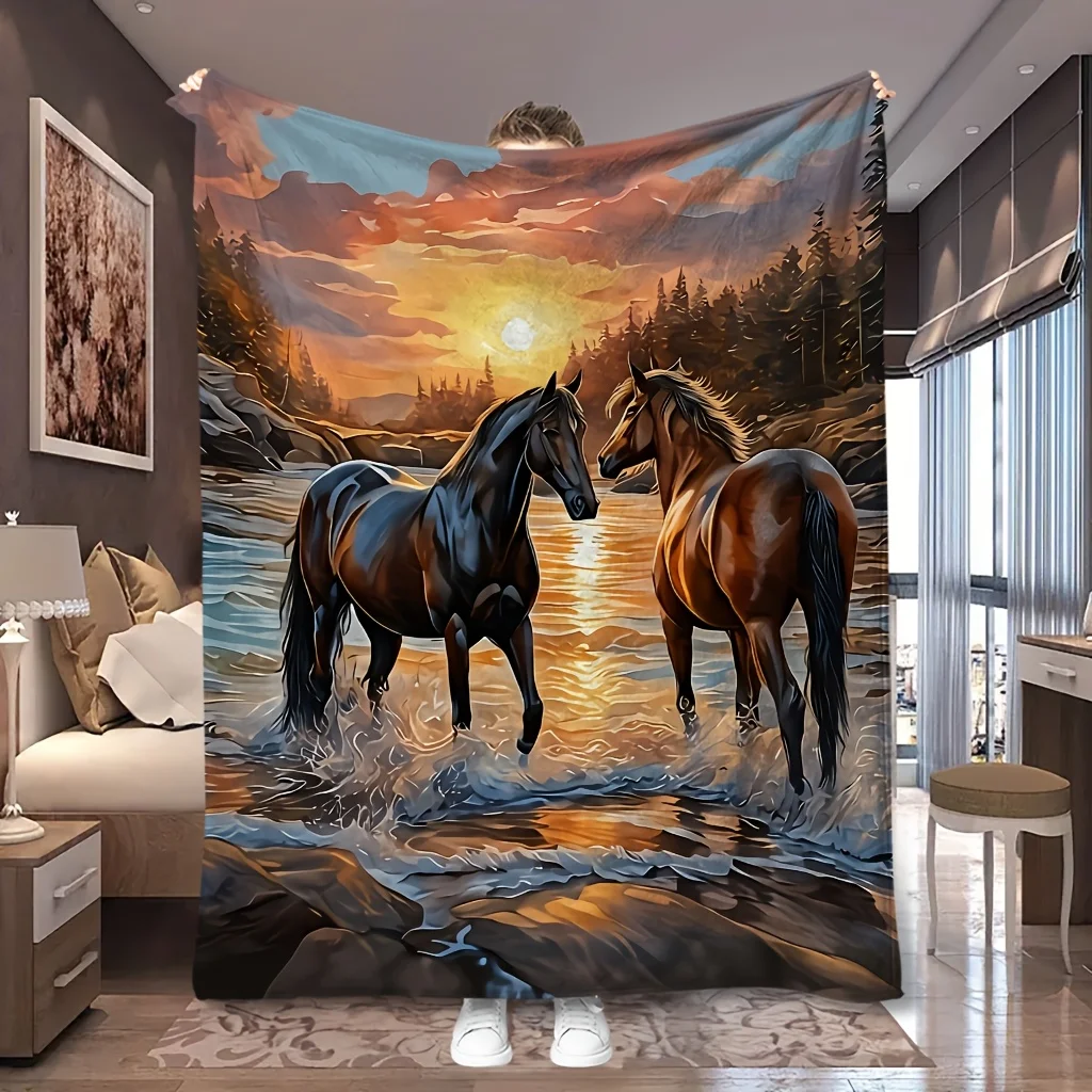 1pc Sunset Lake Two Brown Horses Shore Landscape Print Flannel Blanket, Skin-Friendly And Comfortable, Suitable for Blankets, Be