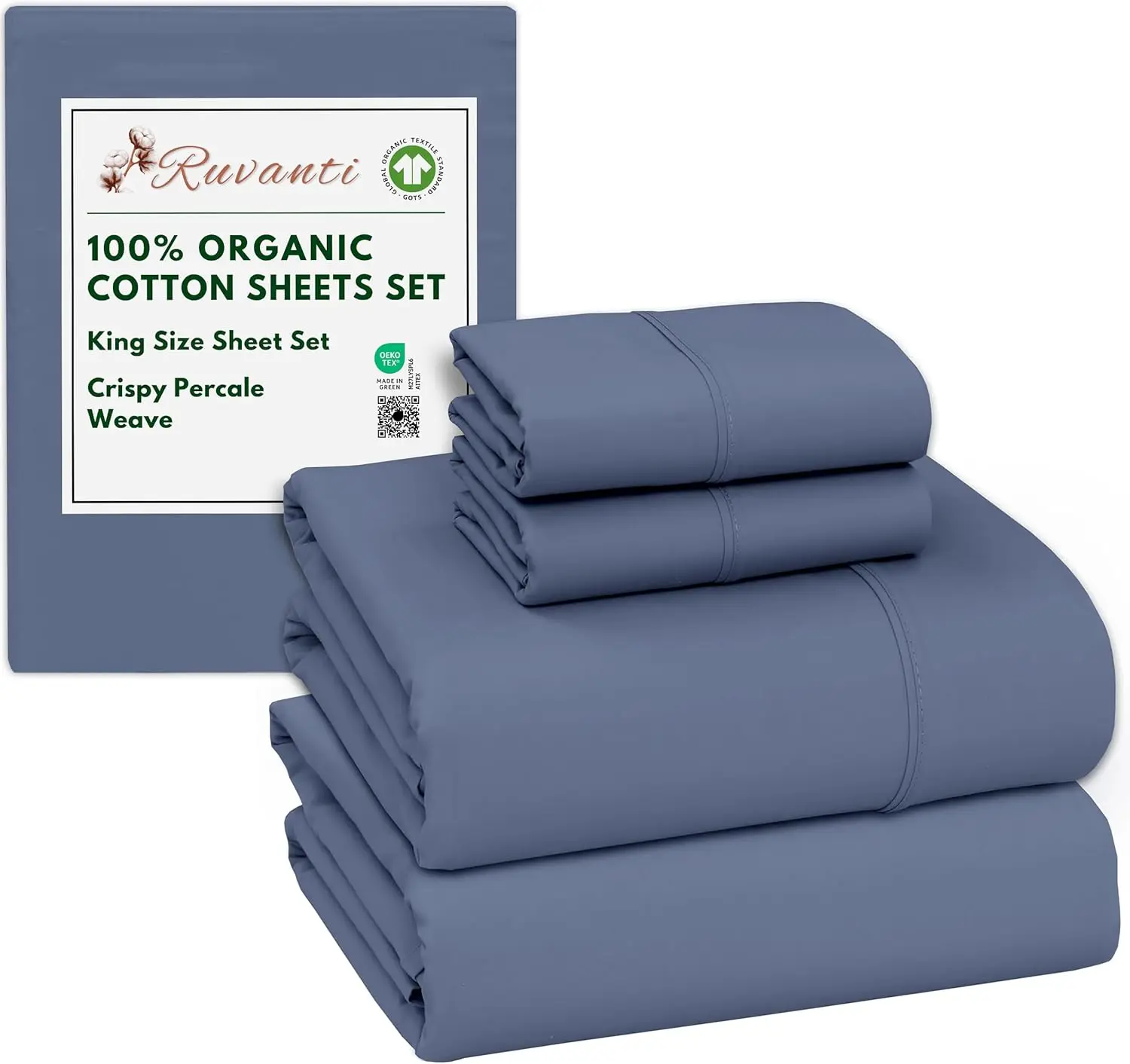 

Комплект постельного белья из 100% органического хлопка King Size, перкалевое плетение, сертифицировано GOTS, 4 предмета, с глубокими карманами, свежее и дышащее.