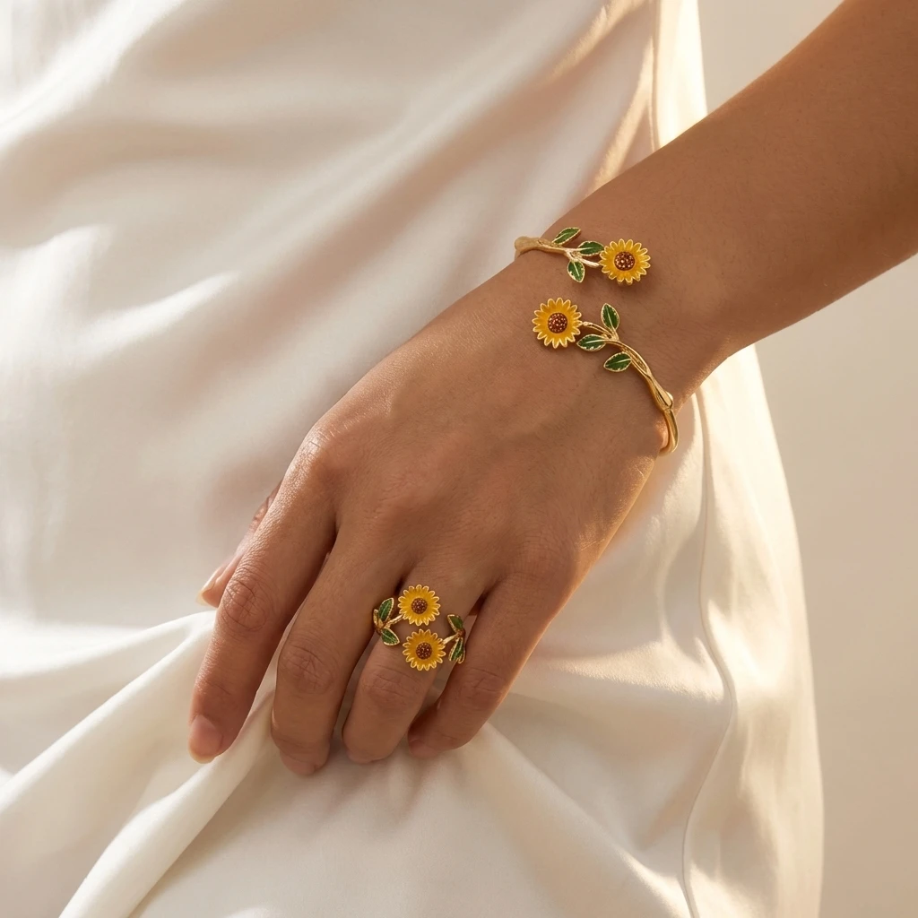 2-teiliges Elegantes Sonnenblumen-Armband und Ring Set für Damen, Emaille-Gänseblümchen Blumen-Manschette Armreif Fingerring Charms Party Hochzeit Schmuck – Detail 1