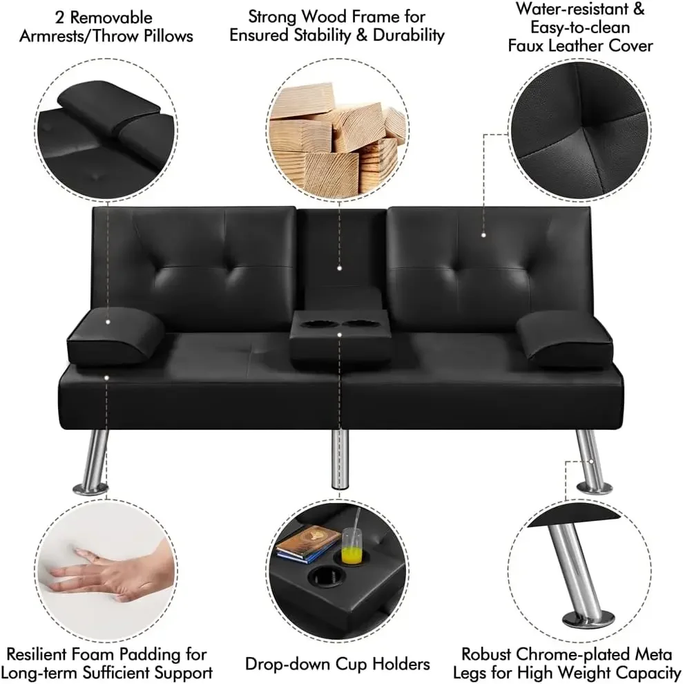 Convertible Sofa Bed Adjustable Couch Sleeper Modern Faux Leather Recliner Reversible Loveseat Folding Daybed Guest Bed, Removab image 6