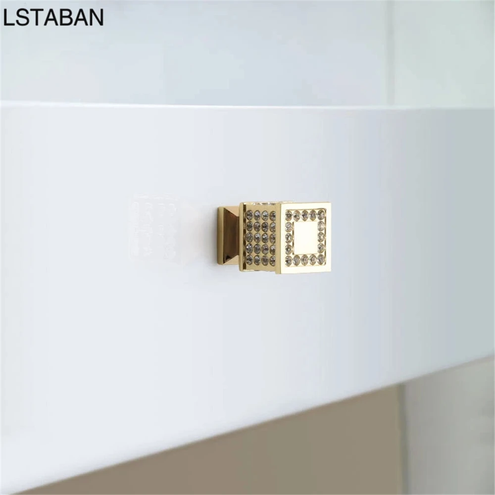 Light Luxury Diamond Cabinet Handle K Gold Crystal Door Knob Zinc Alloy Gem Round Square Shining Drawer Wardrobe Push Pull Knobs
