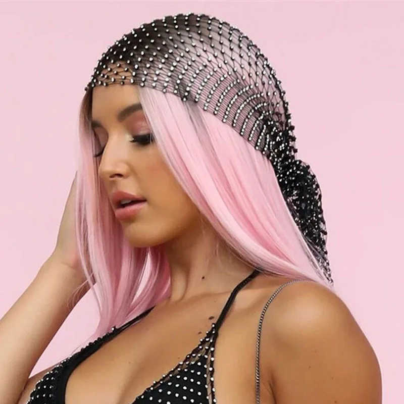 FestivalQueen 1pc Rhinestone Crystal Embellished Fishnet Hair Scarf Glittering Mesh Veil Headband  Elastic Hairband Personalized