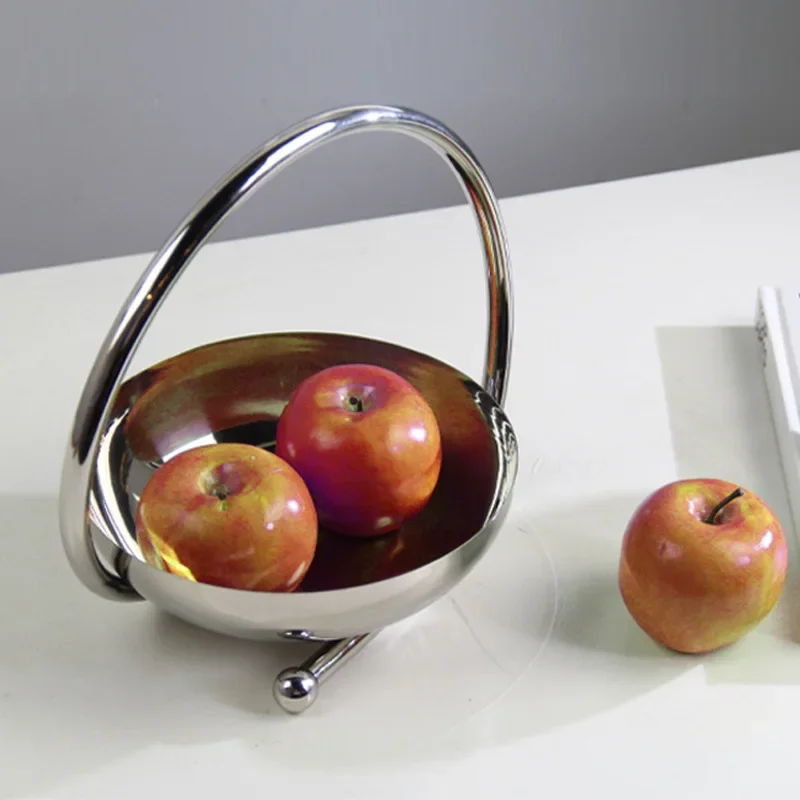 Circular Design Handheld Fruit Tray, Luxurious Large Stainless Steel Bowl, Tableware, Living Room Desktop Decoration Ornaments