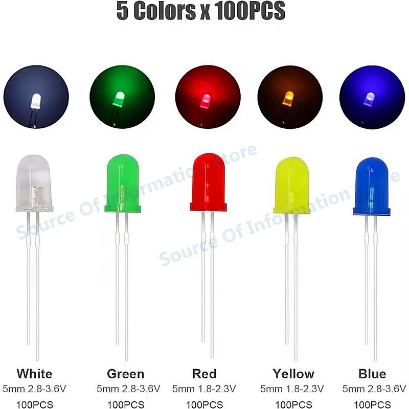 F5 5mm LEDs: 100 each of 5 colors (red, white, blue, green, and yellow)