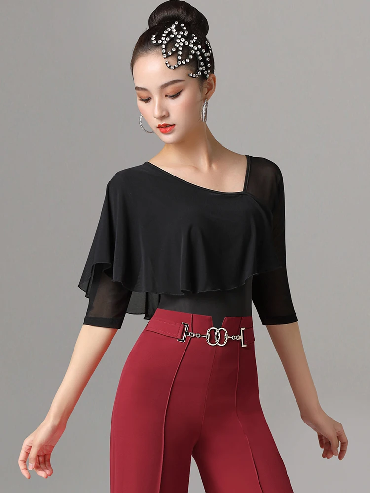 بلوزة رقص لاتيني أنيقة للنساء البالغات، ملابس رياضية تنافسية عصرية قياسية، مصنوعة من البوليستر بأكمام قصيرة، مناسبة لرقصات ال...