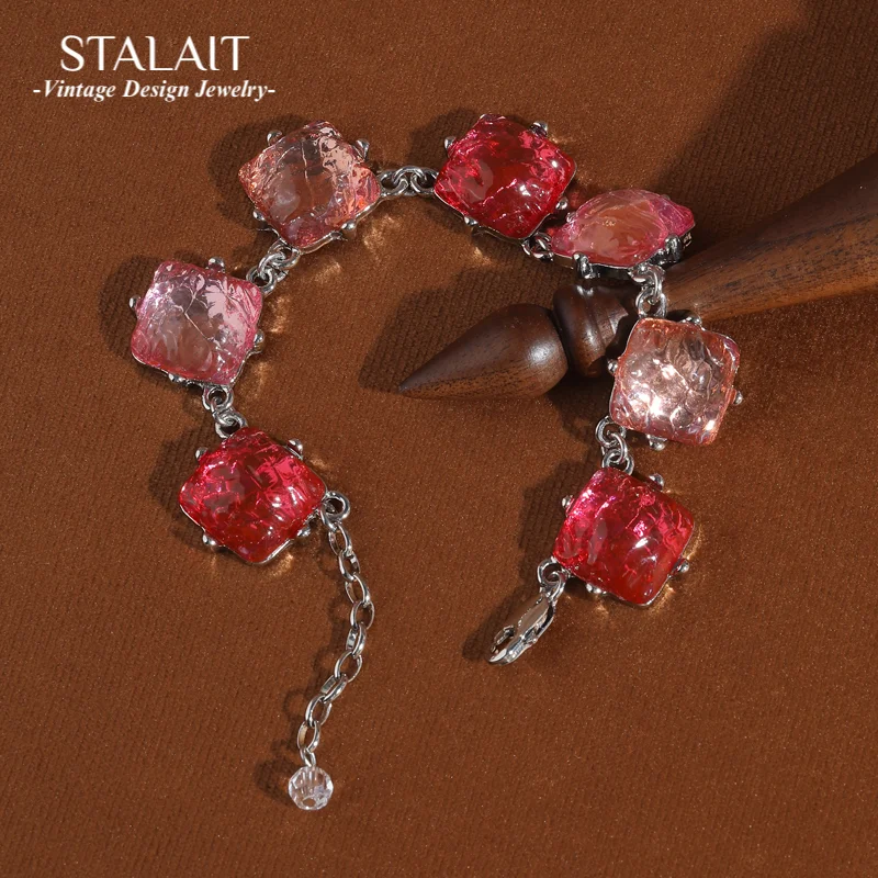 

Vintage Pink Bracelet Made Of Natural Stones Woman Square Resin Charm Luxury Accessories Jewelry Trends 2025 New Girlfriend Gift