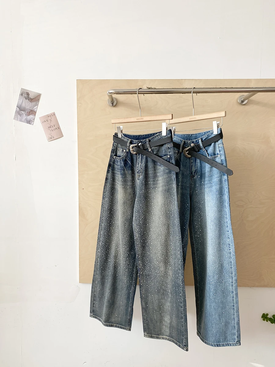 

Korean Fashion High Waist Straight Leg Jeans Women's Spring New Style Versatile Diamond Studded Slimming Wide Leg Pants