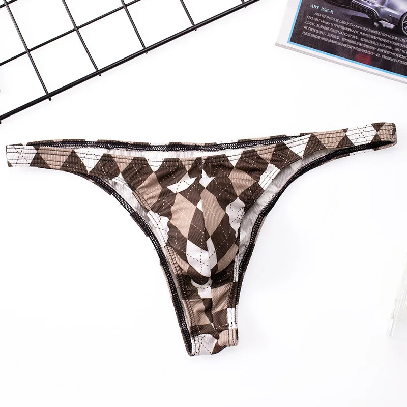 Men Underwear Grid Sexy Briefs U Convex Thong String Bulge Pouch Breathable Panties Male Underpants Intimates Bikini Male