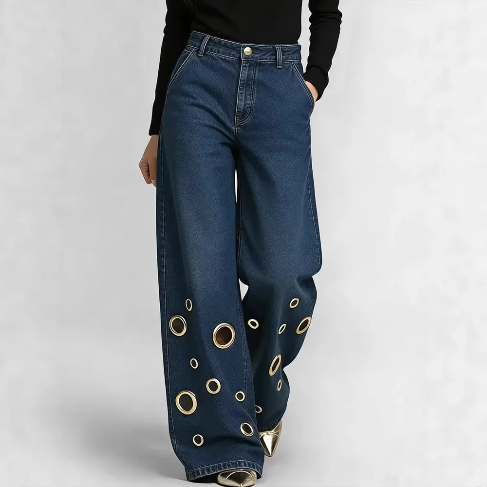 Women High Waist Loose Streetwear Jeans, Hollow Metal Eyelet Wide Leg Denim Trousers, New Casual Ladies Pants
