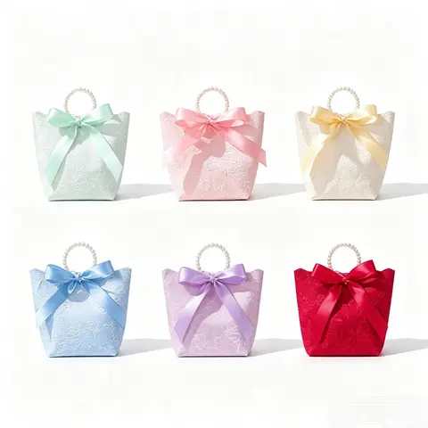 50Pcs Lace Gift Bags With Pearl Ring Handle Satin Bow Candy Treat Pouch Wedding Baby Shower Birthday Party Favor Bag Packaging