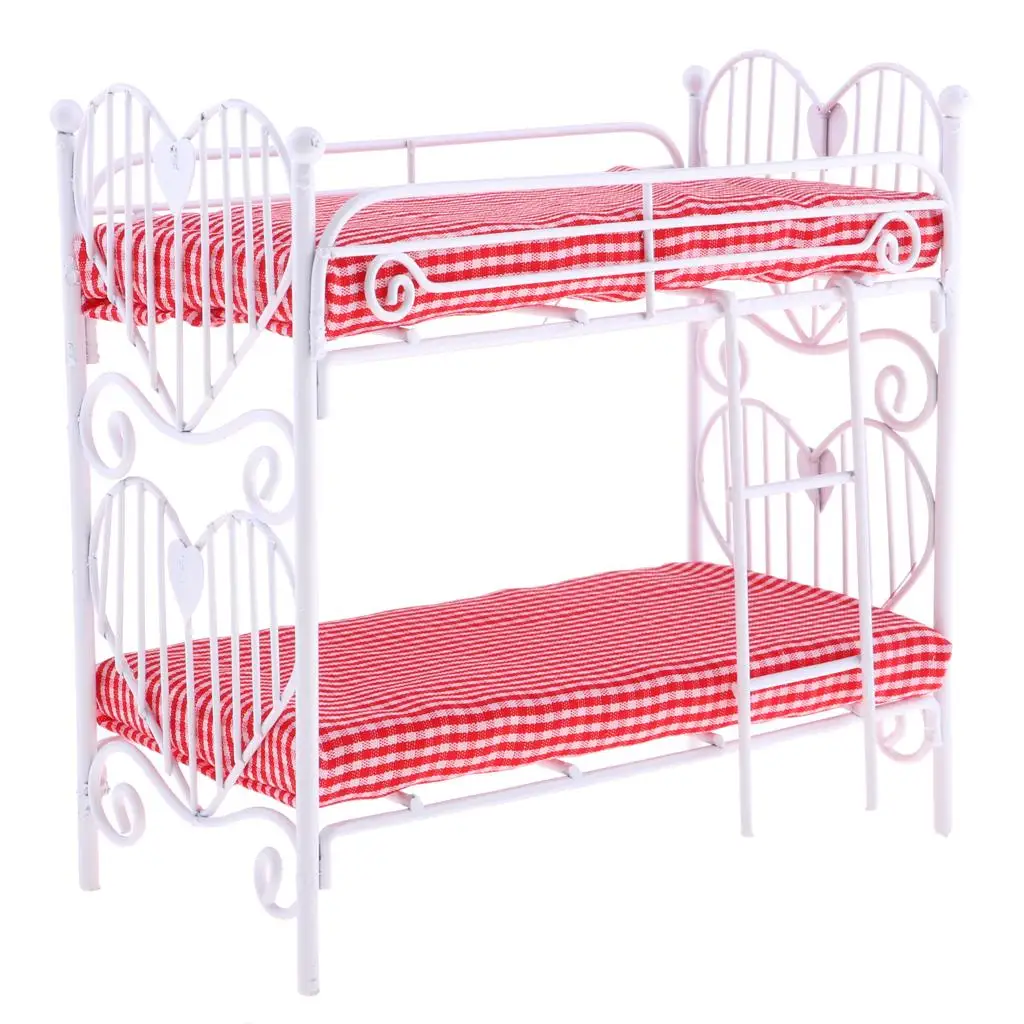 1:12 Dolls House Miniature Bunk Bed With Checked Pattern Decor