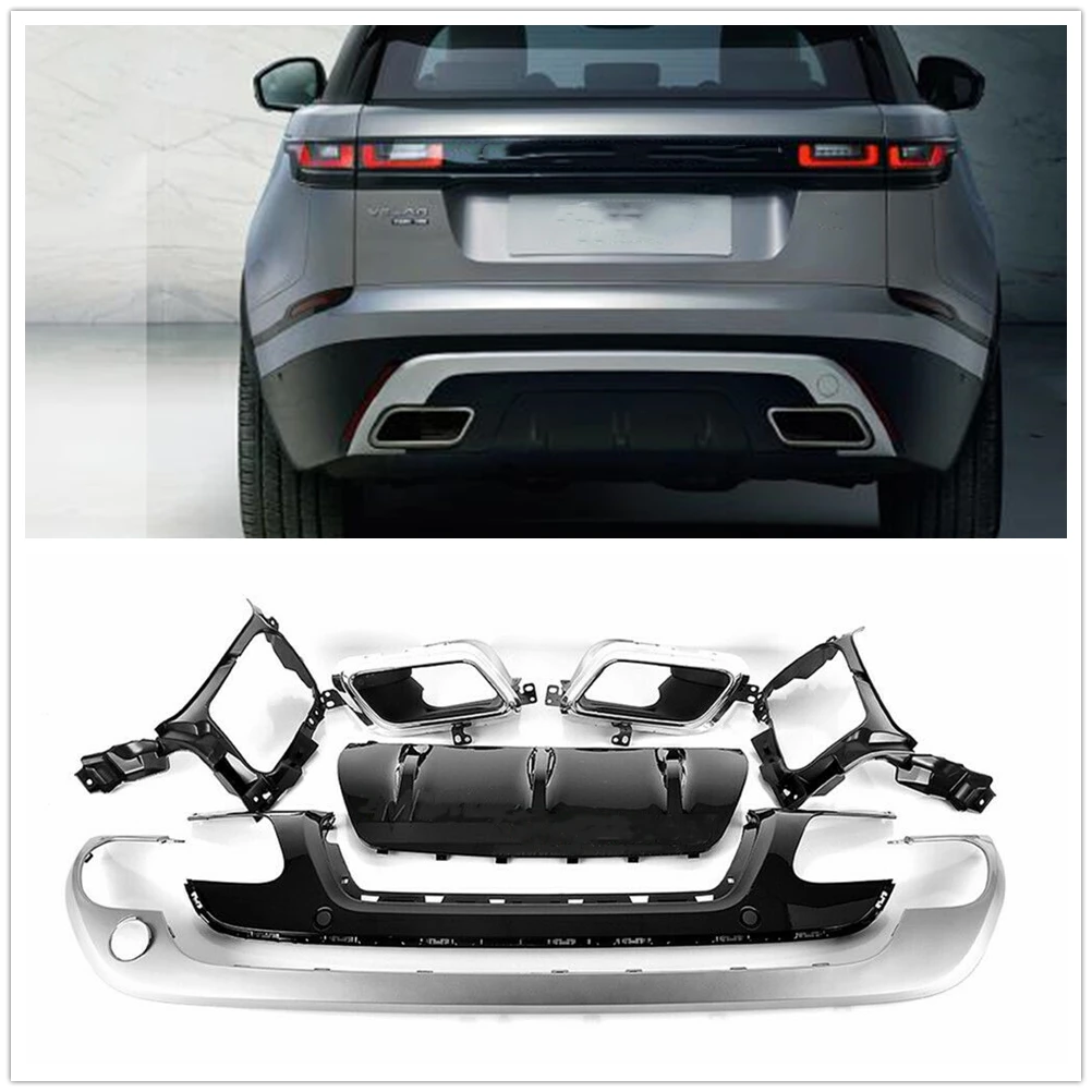 Image of Für Land Rover Range Rover Velar 2017-2023 Hinten Diffusor Stoßstange Lip Schwanz Schalldämpfer Spitze Auspuffrohr Spoiler Rahmen halterung Splitter