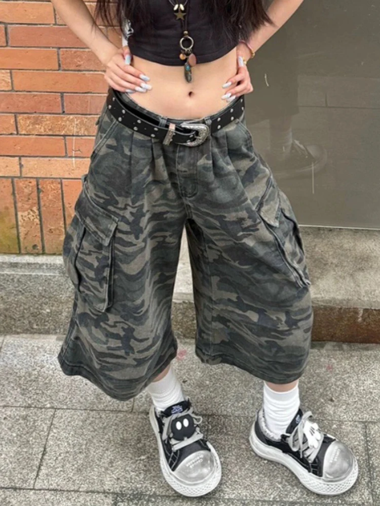 American Vintage Camouflage Color Women Cargo Pants Summer Fashion High Waist Street Loose Casual Classic Straight Female Jeans