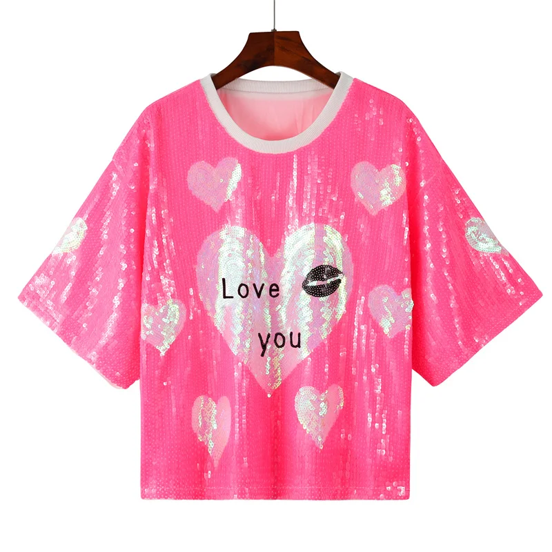 Summer New Geometric High Quality Letter Short Sleeve Sequin Round Neck Women's Tops Streetwear Loose Hip Hop T-Shirt