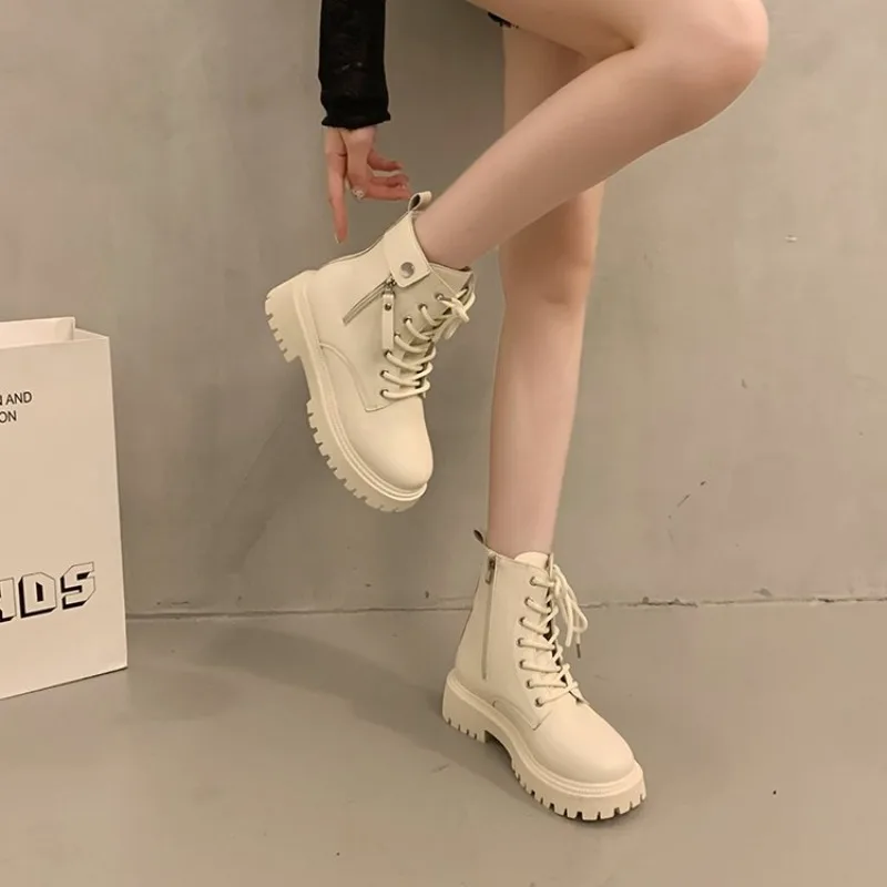 Women's Lace-Up Combat Boots Round Toe Chunky Platform Low Heel Smooth Leather-Look Side Zipper Ankle Booties for Casual Outfits