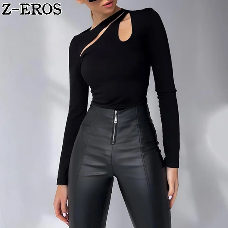 Camiseta de Z-EROS de manga larga para mujer, camiseta de Color sólido, Top CORTO BÁSICO ahuecado, Top versátil de cintura ajustada