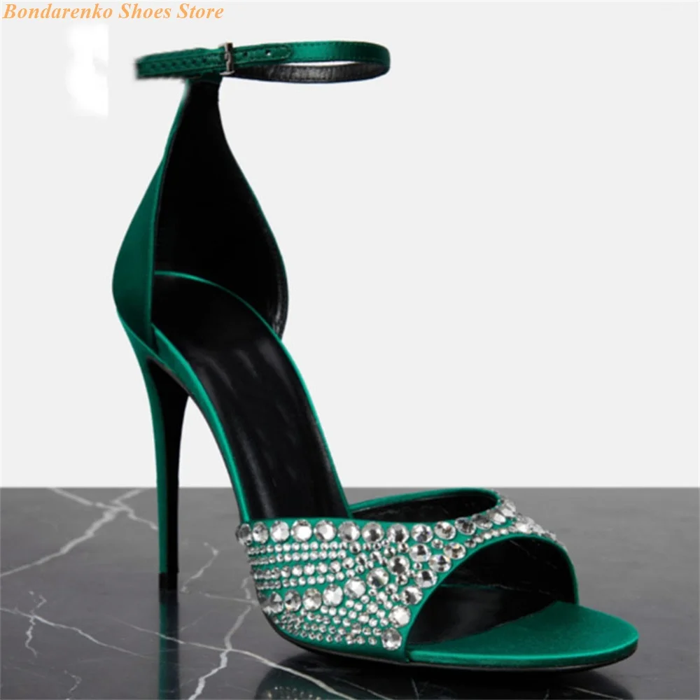 Crystal Open Toe Women Sandals Stiletto Thin High Heel Fashion 2024 Ankle Buckle Strap Green Rosy Beige Handmade Dress Sandals