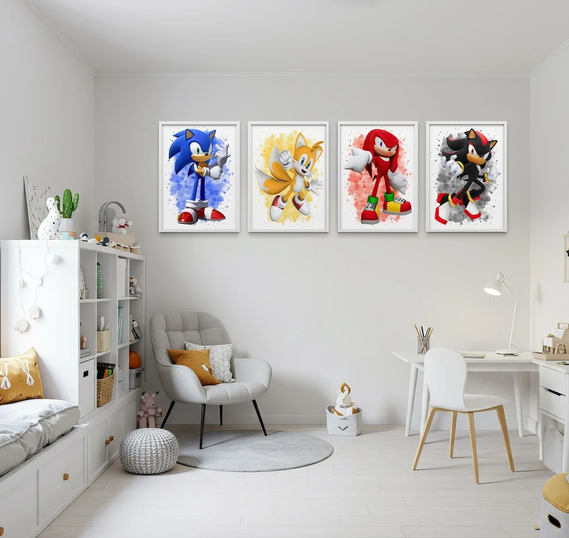 Sonic the Hedgehog Wall Art Set of 4 | Sonic Poster Bundle | Kids Room Decor | Sonic, Tails, Knuckles, Shadow | Sonic Gifts | So