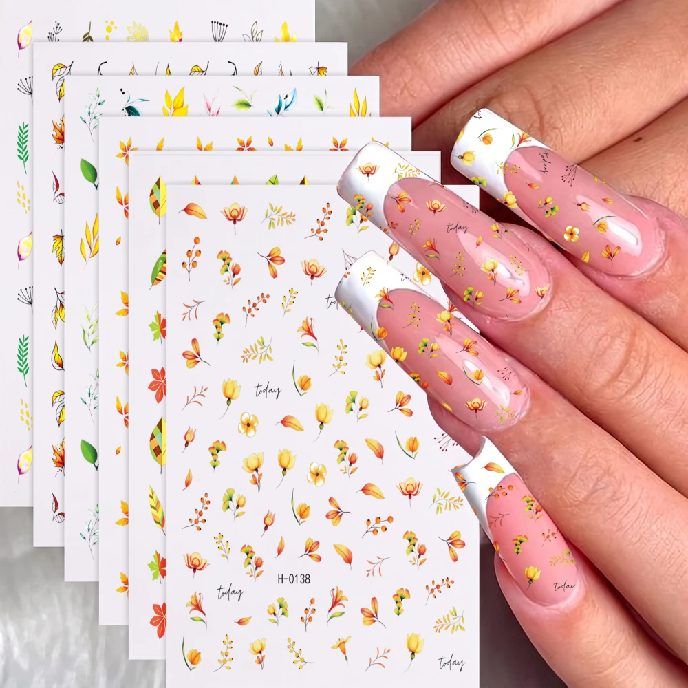 6pcs Autumn Leaves & Berry Pattern Nail Decals Fall Maple Leaf Nail Art Stickers Thanksgiving Nail Art Supplies for DIY Manicure