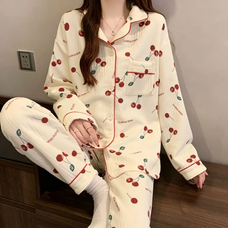 Cherry Print Harajuku Style Sleepwear Women Autumn Winter Casual Sweet Loungewear Pajamas Lapel Neck Pajamas Set 2 Piece