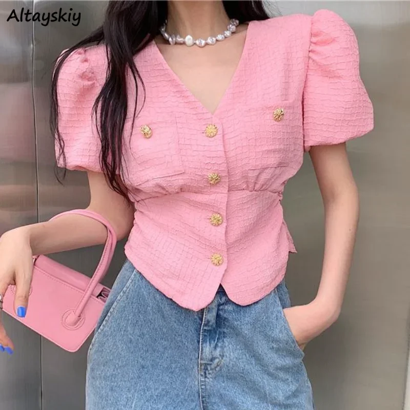 

Shirts for Women Solid V-neck Button Puff Sleeve Ulzzang Style Fashion Summer All-match Basic Tender Chemise Femme Popular Chic