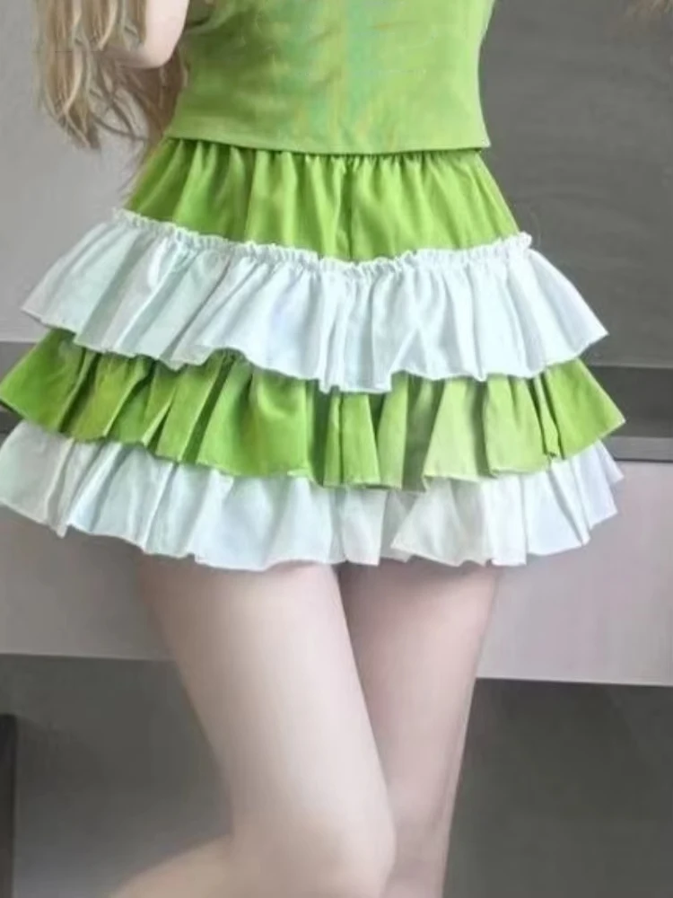 

Y2k Aesthetic Contrast Color Women Skirts Harajuku Ball Gown High Waist Ruffled Mini Skirt 2025 Summer Grunge Sweet Cake Faldas