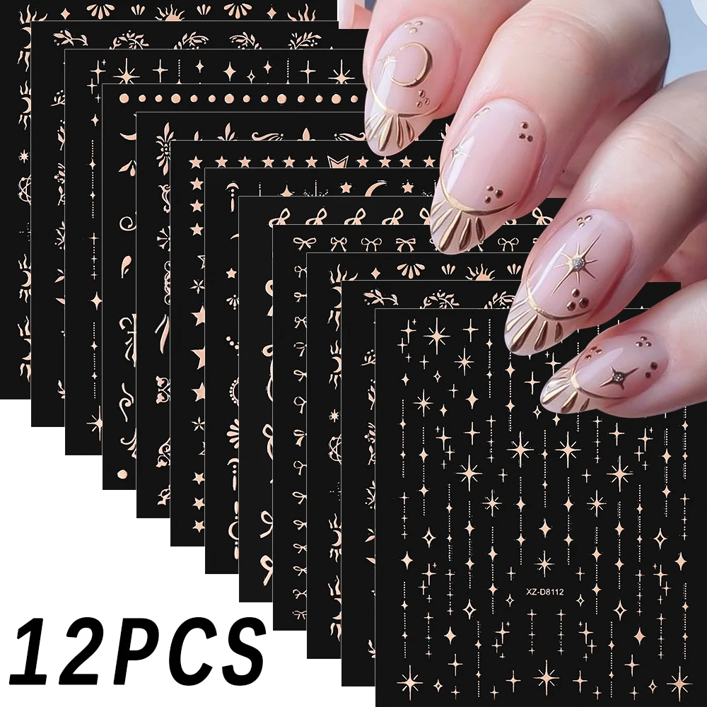 12 Stück 3D Bronzing Metall Silber Flamme Nagelaufkleber Y2k Stern Mond Schlange selbstklebende Schieber Französisch Streifen Linie Schleife Maniküre Aufkleber