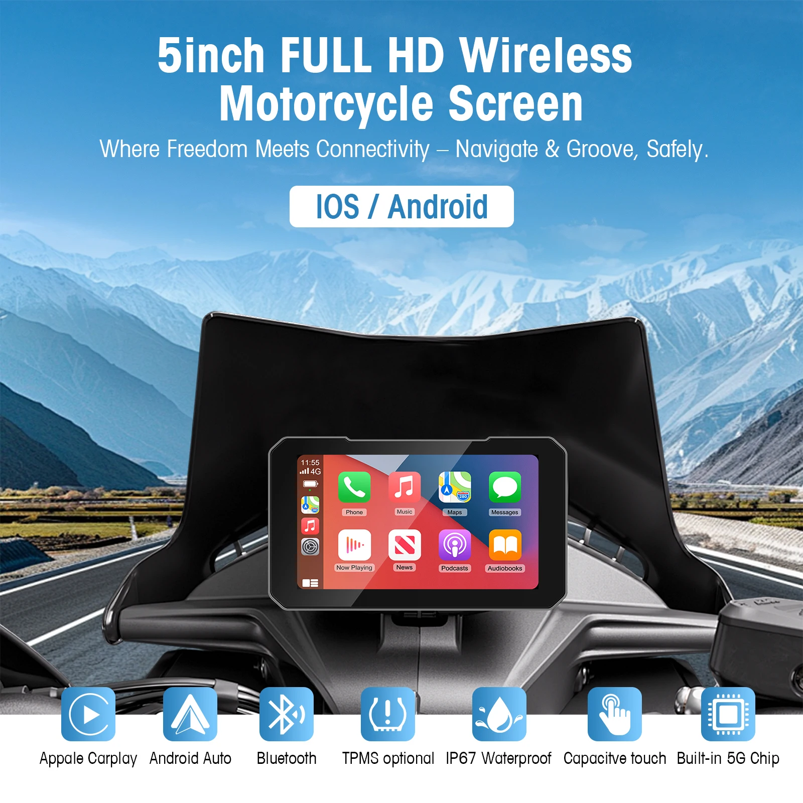 شاشة Ezonetronics 5 بوصة تعمل باللمس للدراجات النارية CarPlay تدعم CarPlay اللاسلكي وAndroid Auto IP67 مقاومة للماء