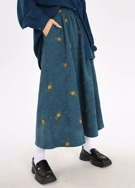 

Women's Skirt 2024 Spring Autumn Fashion Embroidered Floral Pocket Design High Waist Casual Versatile Loose Daily Long Skirt