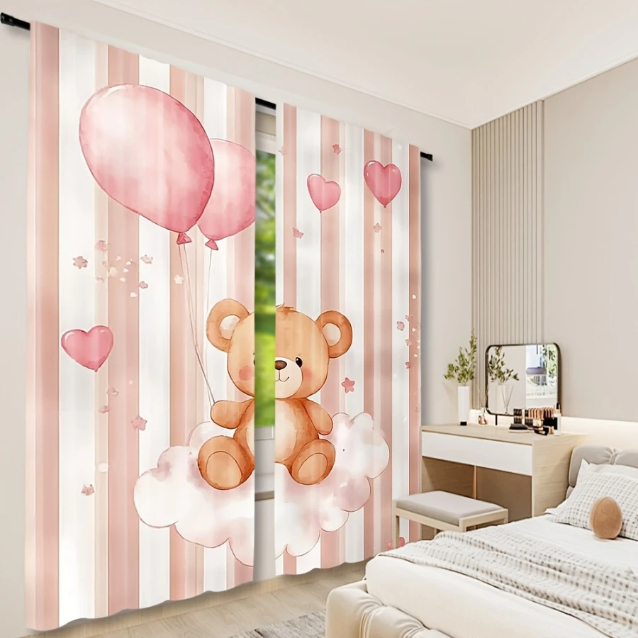 2PCS Digital Printed Curtains with Sweetheart Bear Design, Stylish Window Drapes for Living Room Bedroom Home Decoration