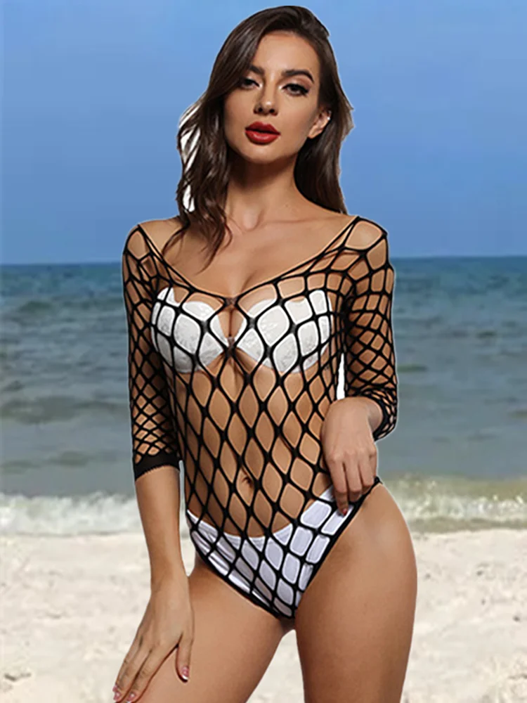 Summer Sexy Bodysuits Cover Up without Bikini Fishnet Bodycon Dress Long Sleeves Beachwear Hollow Out Swimwear Holiday Bodysuit