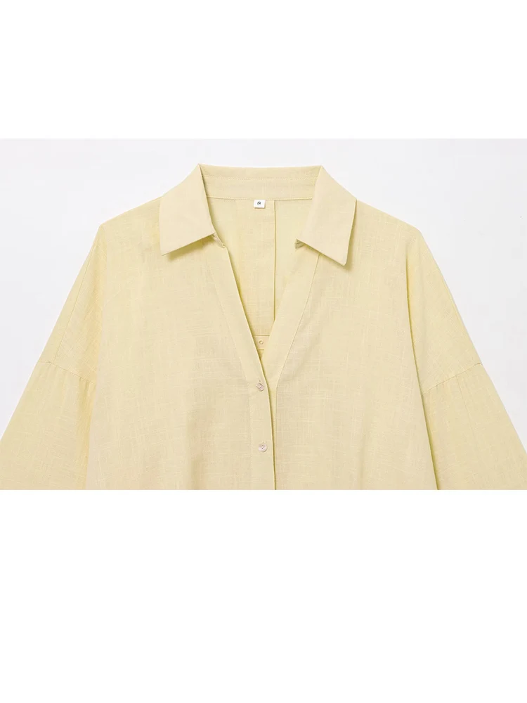 HH-Camiseta corta de manga ancha de lino para mujer, blusa holgada informal de un solo pecho, ropa de oficina elegante para mujer 2025