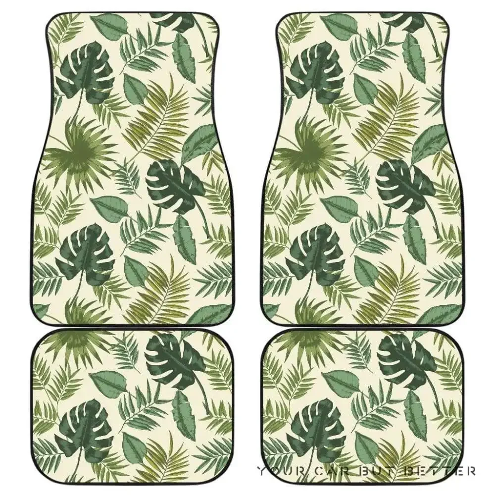 4Pcs Auto Car Floor Mat Hawaiian Tropical Leaf Flowers Hibiscus Plumeria Floral Plant Vehicle Front Rear Carpets Mat