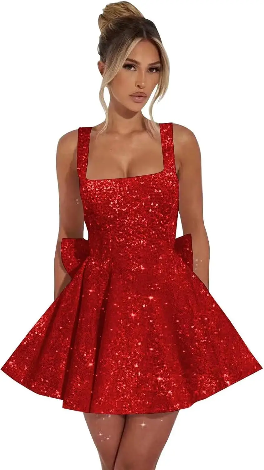 

Короткие платья для встречи выпускников с пайетками и бантом на тонких бретельках Коктейльные платья с квадратным вырезом выше колена, мини