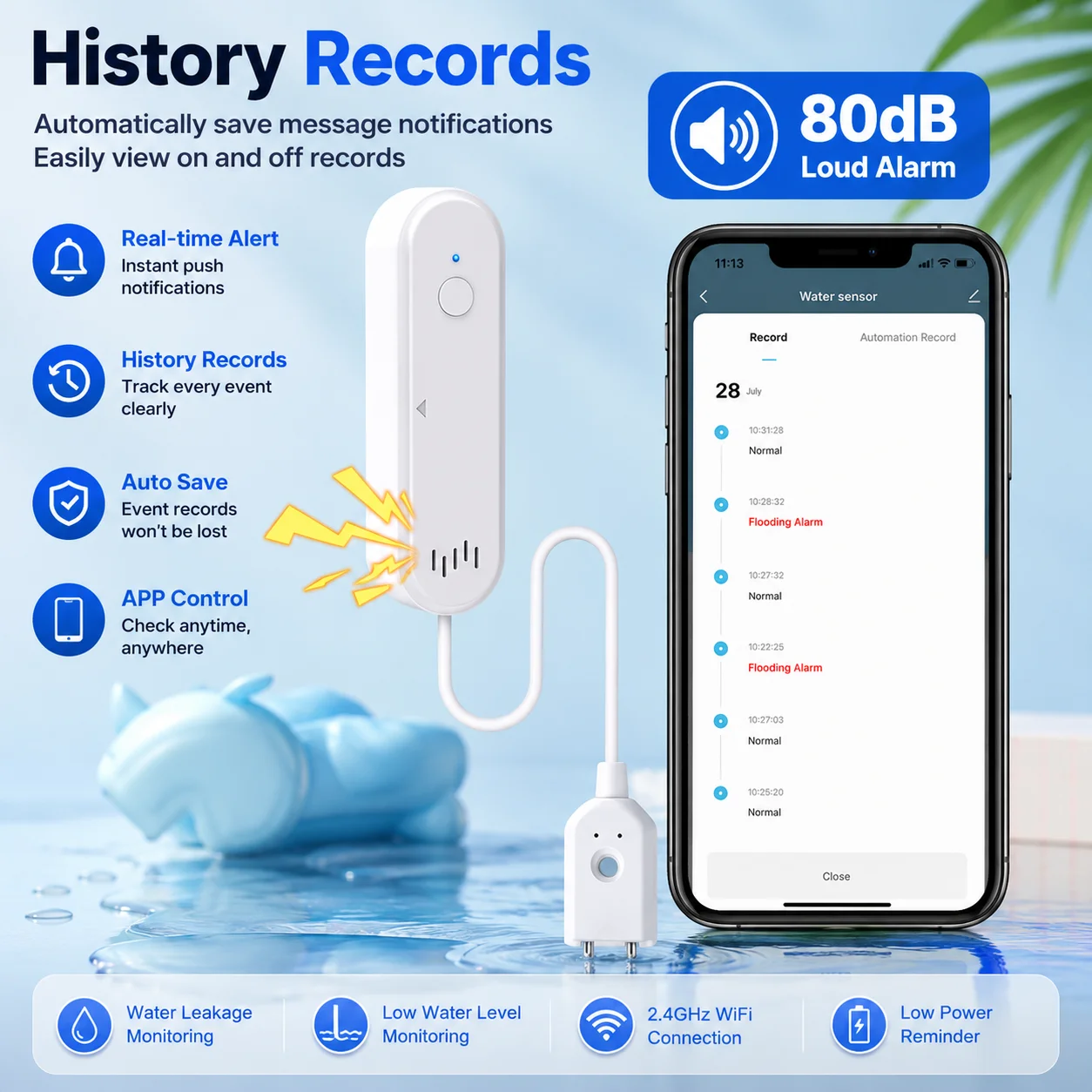 Tuya WiFi Water Leak Detector Smart Flood Sensor 80dB Alarm APP Remote Alert Water Leakage & Low Water Level Monitoring Alexa